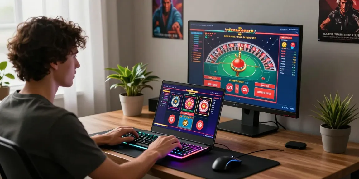 Scène de casino en ligne sans vérification avec un joueur utilisant un ordinateur portable dans une ambiance moderne et confortable.