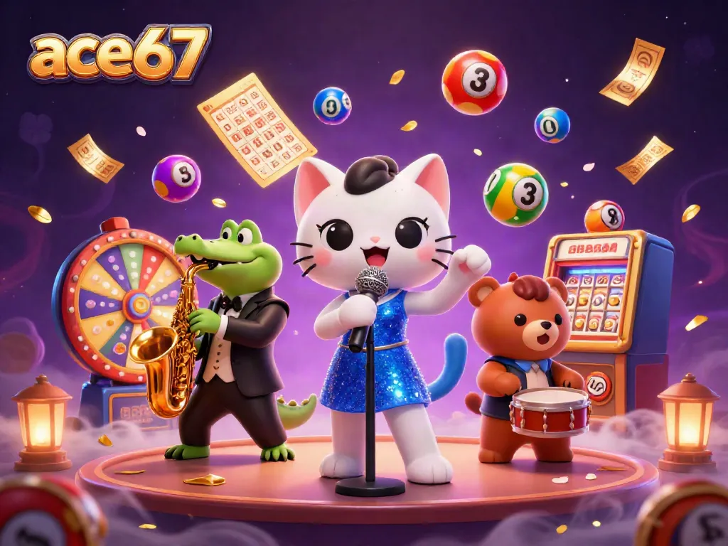 Experience ace67's vibrant casino scene with energetic characters and dynamic game elements.
