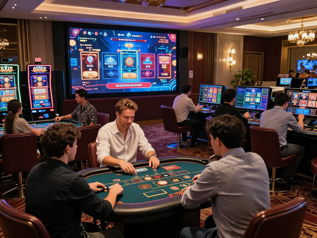 Scène d'un meilleur casino en ligne France avec joueurs profitant des jeux modernes, ambiance de luxe et technologie avancée.