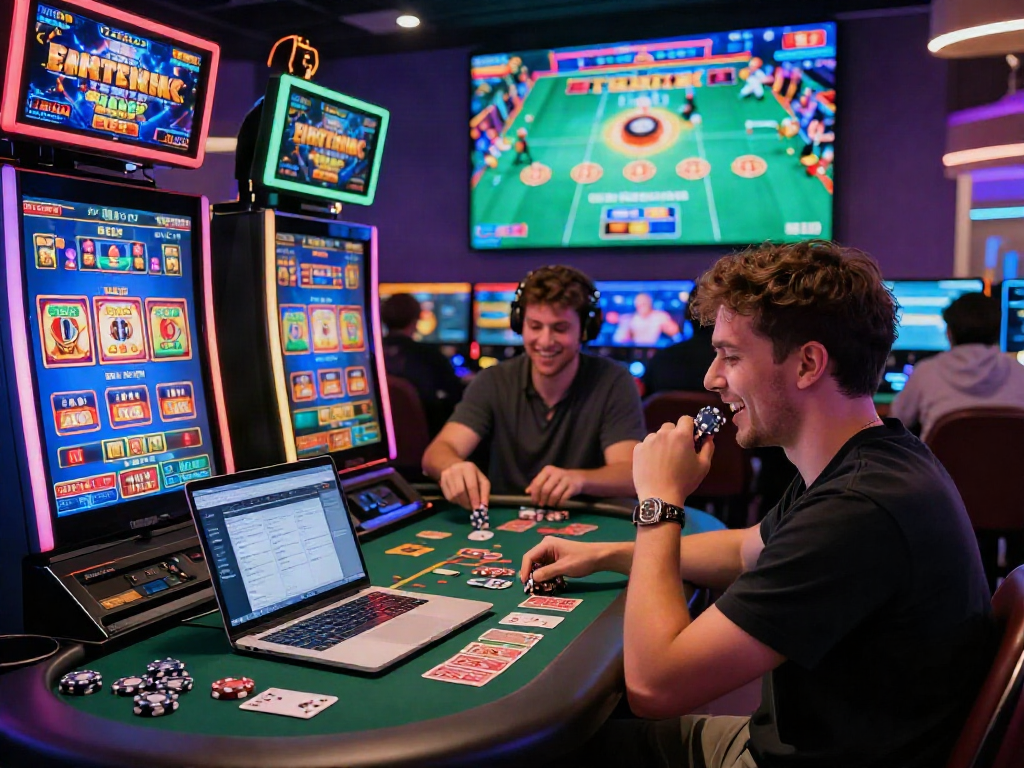 Scène dynamique de casinos en ligne avec joueur s'amusant autour de machines à sous colorées et jeux en direct.