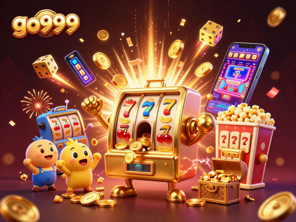 Engaging go999 scene with a golden slot machine hitting a jackpot and cheerful baby machines celebrating.