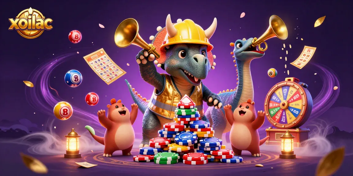 Build your luck with xoilac as colorful lottery elements burst around a dinosaur celebration.