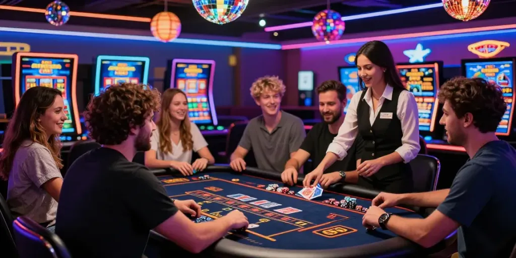 Scène vibrante de DiscoWin casino avec joueurs autour d'une table de roulette.