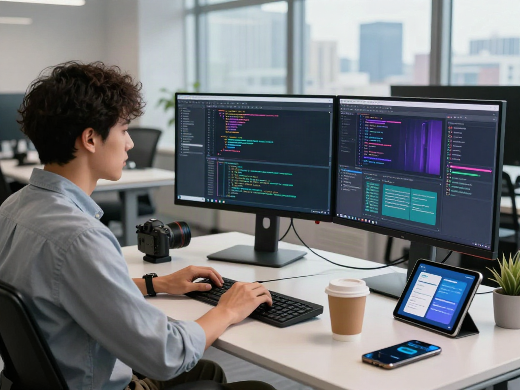 Développeur chez Atlas pro dans un bureau moderne, avec code à l'écran et ambiance productive.