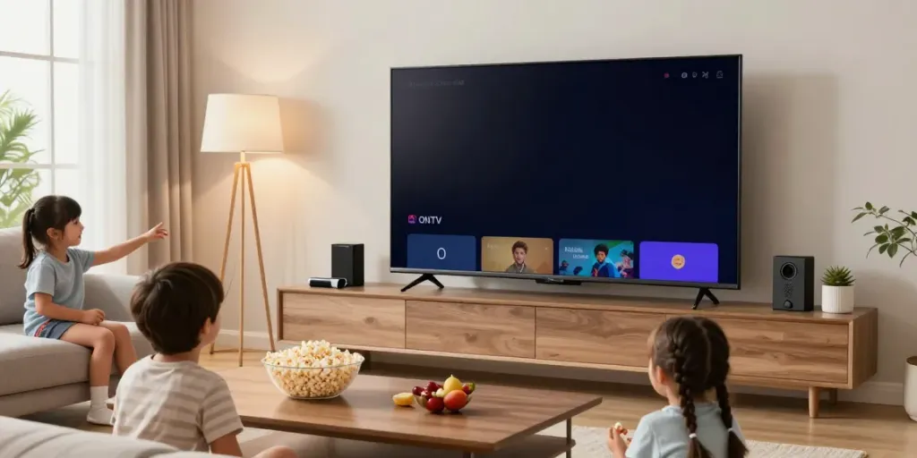 Téléchargement d'Atlas Pro ONTV sur un téléviseur dans un salon familial moderne.