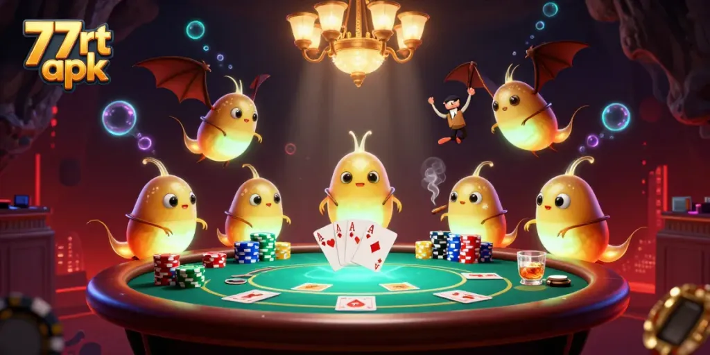 Experience vibrant gameplay with 77rt apk, featuring glowworms lighting a bustling cave casino filled with poker elements.