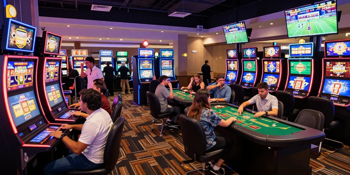 Scène de casino en ligne vibrant montrant le meilleur casino en ligne France avec des joueurs divers, machines à sous colorées et ambiance excitante.