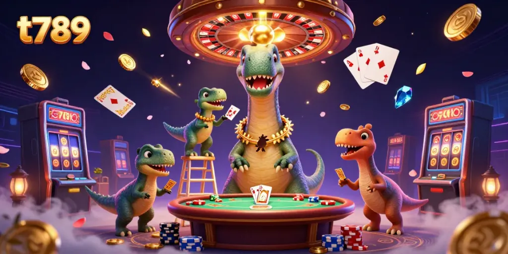 Engage with thrilling t789 casino games featuring vibrant 3D characters amidst gold coins and cards.