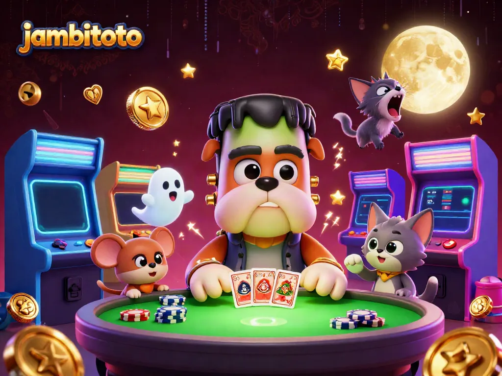 Engage in tantalizing gameplay at Jambitoto, where creatures deal cards amidst a vibrant casino setting.